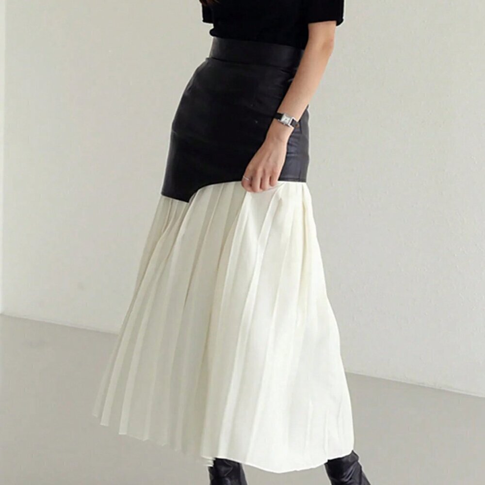 Black And White Casual Women's Faux Leather Patch Bodycon Skirt - Picture 3 of 4